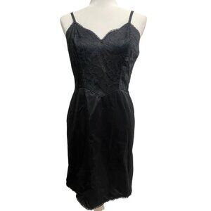 VTG Vanity Fair Full Black Slip Dress Lace Drop Waist Side Slits 34 Small